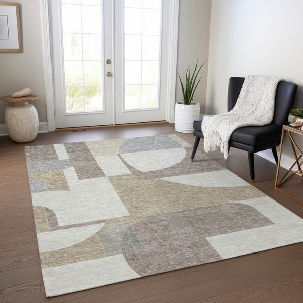 HomeRoots 5' Stylish Khaki and Silver Geometric Area Rug for Indoor/Outdoor Use - Durable, Washable, Versatile 8' X 10' 617923