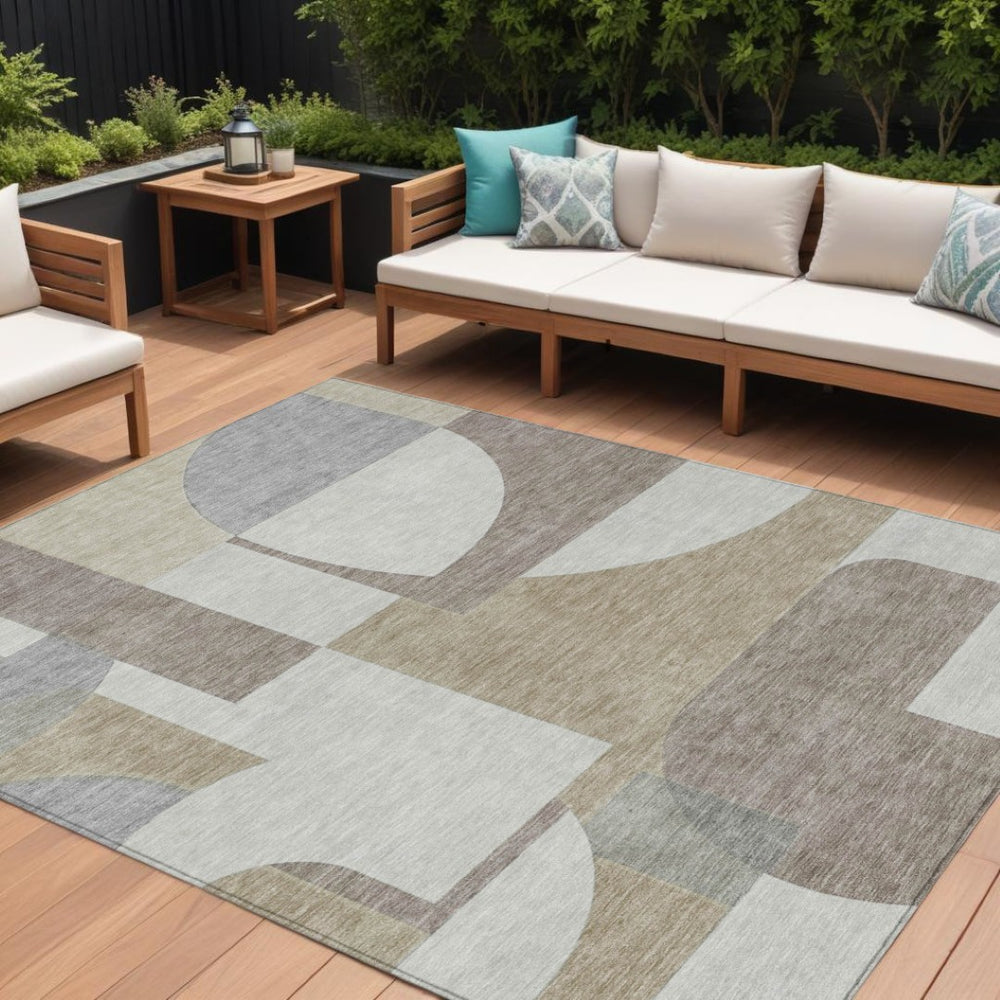 HomeRoots 5' Stylish Khaki and Silver Geometric Area Rug for Indoor/Outdoor Use - Durable, Washable, Versatile 10' X 14' 617925