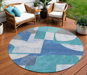 HomeRoots 5' Teal Blue And Ivory Geometric Area Rug – Stylish, Washable, Indoor/Outdoor Comfort for Any Space 8' Round 617928