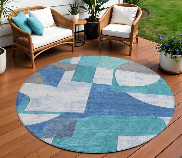 HomeRoots 5' Teal Blue And Ivory Geometric Area Rug – Stylish, Washable, Indoor/Outdoor Comfort for Any Space 8' Round 617928