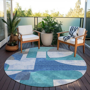 HomeRoots 5' Teal Blue And Ivory Geometric Area Rug – Stylish, Washable, Indoor/Outdoor Comfort for Any Space 8' Round 617928