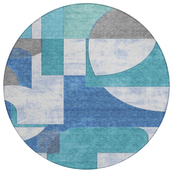 HomeRoots 5' Teal Blue And Ivory Geometric Area Rug – Stylish, Washable, Indoor/Outdoor Comfort for Any Space 8' Round 617928