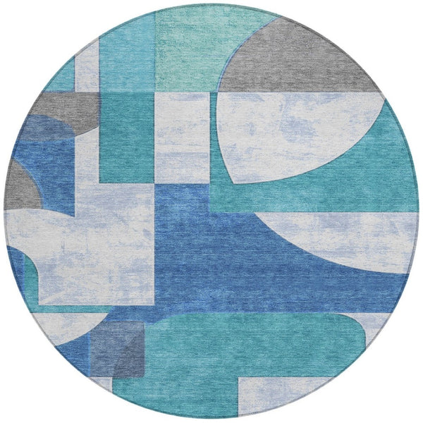 HomeRoots 5' Teal Blue And Ivory Geometric Area Rug – Stylish, Washable, Indoor/Outdoor Comfort for Any Space 8' Round 617928