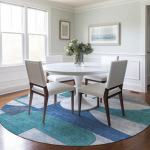 HomeRoots 5' Teal Blue And Ivory Geometric Area Rug – Stylish, Washable, Indoor/Outdoor Comfort for Any Space 8' Round 617928