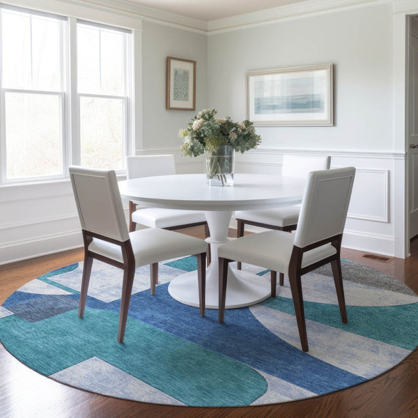 HomeRoots 5' Teal Blue And Ivory Geometric Area Rug – Stylish, Washable, Indoor/Outdoor Comfort for Any Space 8' Round 617928