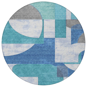 HomeRoots 5' Teal Blue And Ivory Geometric Area Rug – Stylish, Washable, Indoor/Outdoor Comfort for Any Space 8' Round 617928