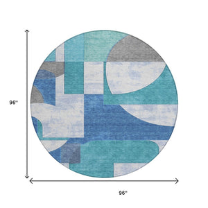 HomeRoots 5' Teal Blue And Ivory Geometric Area Rug – Stylish, Washable, Indoor/Outdoor Comfort for Any Space 8' Round 617928