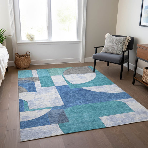 Homeroots 3' Geometric Washable Indoor Outdoor Area Rug - Stylish, Durable & Stain Resistant For Any Space Teal Polyester 617929
