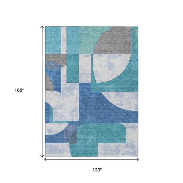 HomeRoots 5' Teal Blue And Ivory Geometric Area Rug – Stylish, Washable, Indoor/Outdoor Comfort for Any Space 10' X 14' 617931