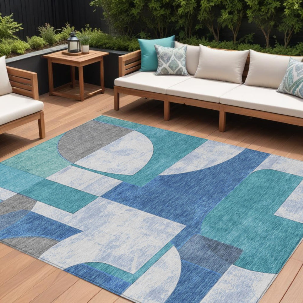 HomeRoots 5' Teal Blue And Ivory Geometric Area Rug – Stylish, Washable, Indoor/Outdoor Comfort for Any Space 10' X 14' 617931