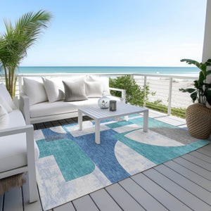 HomeRoots 5' Teal Blue And Ivory Geometric Area Rug – Stylish, Washable, Indoor/Outdoor Comfort for Any Space 10' X 14' 617931