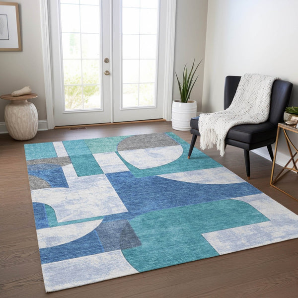 HomeRoots 5' Teal Blue And Ivory Geometric Area Rug – Stylish, Washable, Indoor/Outdoor Comfort for Any Space 10' X 14' 617931