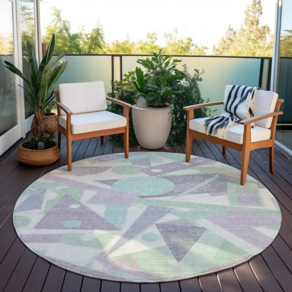 HomeRoots 5' Geometric Indoor Outdoor Area Rug in Lavender, Mint Green & Ivory – Durable, Washable, Stylish Decor 8' Round 617940