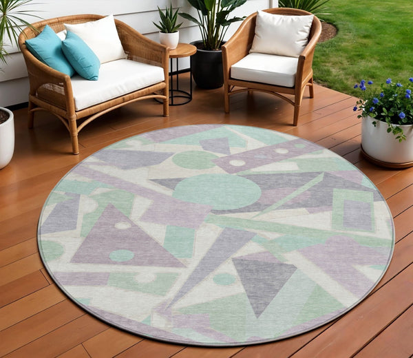 HomeRoots 5' Geometric Indoor Outdoor Area Rug in Lavender, Mint Green & Ivory – Durable, Washable, Stylish Decor 8' Round 617940