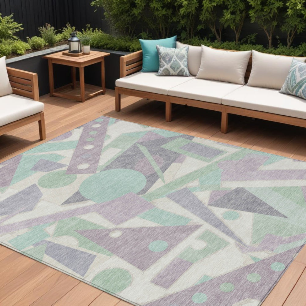 HomeRoots 5' Geometric Indoor Outdoor Area Rug in Lavender, Mint Green & Ivory – Durable, Washable, Stylish Decor 10' X 14' 617943