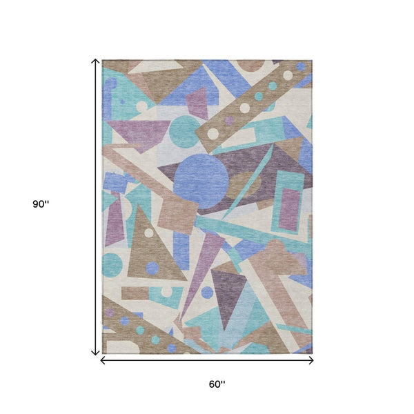 HomeRoots 5' Stylish Geometric Area Rug in Brown, Teal, Blue & Ivory – Washable for Indoor & Outdoor Use 5' X 8' 617951