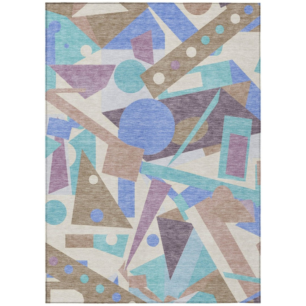 HomeRoots 5' Stylish Geometric Area Rug in Brown, Teal, Blue & Ivory – Washable for Indoor & Outdoor Use 5' X 8' 617951