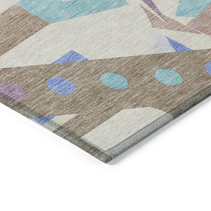 HomeRoots 5' Stylish Geometric Area Rug in Brown, Teal, Blue & Ivory – Washable for Indoor & Outdoor Use 5' X 8' 617951