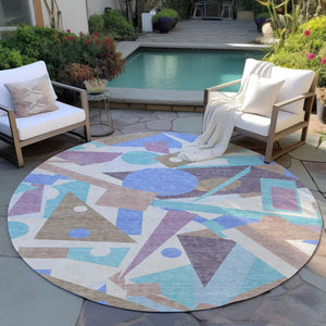 HomeRoots 5' Stylish Geometric Area Rug in Brown, Teal, Blue & Ivory – Washable for Indoor & Outdoor Use 8' Round 617952