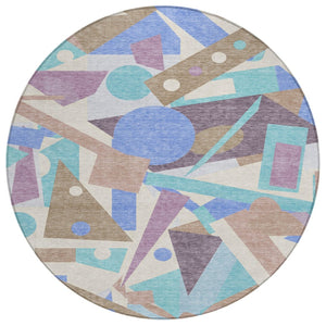 HomeRoots 5' Stylish Geometric Area Rug in Brown, Teal, Blue & Ivory – Washable for Indoor & Outdoor Use 8' Round 617952
