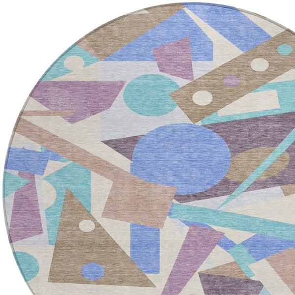 HomeRoots 5' Stylish Geometric Area Rug in Brown, Teal, Blue & Ivory – Washable for Indoor & Outdoor Use 8' Round 617952