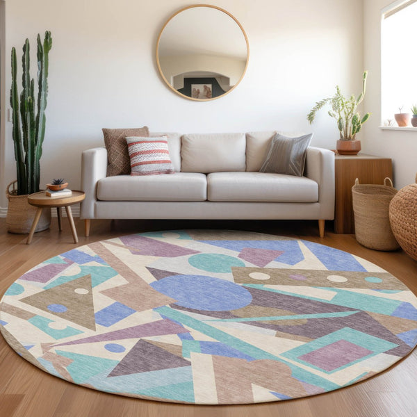 HomeRoots 5' Stylish Geometric Area Rug in Brown, Teal, Blue & Ivory – Washable for Indoor & Outdoor Use 8' Round 617952