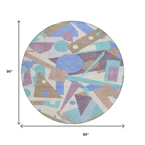 HomeRoots 5' Stylish Geometric Area Rug in Brown, Teal, Blue & Ivory – Washable for Indoor & Outdoor Use 8' Round 617952