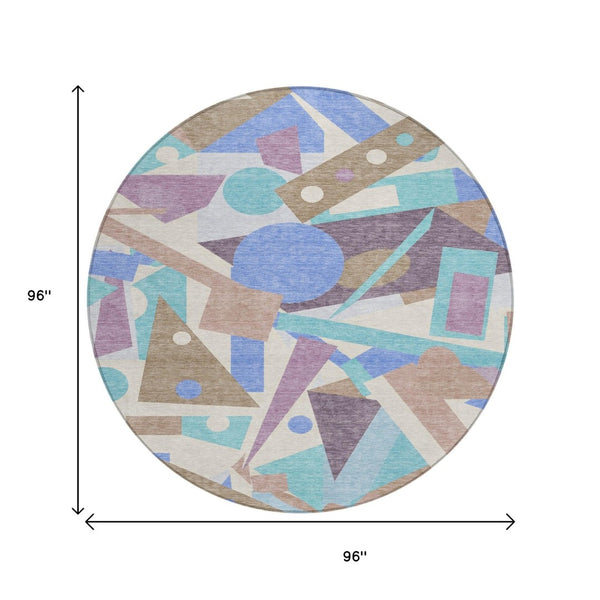 HomeRoots 5' Stylish Geometric Area Rug in Brown, Teal, Blue & Ivory – Washable for Indoor & Outdoor Use 8' Round 617952