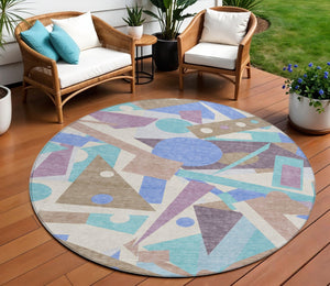 HomeRoots 5' Stylish Geometric Area Rug in Brown, Teal, Blue & Ivory – Washable for Indoor & Outdoor Use 8' Round 617952