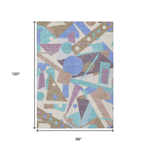 HomeRoots 5' Stylish Geometric Area Rug in Brown, Teal, Blue & Ivory – Washable for Indoor & Outdoor Use 8' X 10' 617953