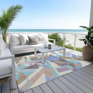 HomeRoots 5' Stylish Geometric Area Rug in Brown, Teal, Blue & Ivory – Washable for Indoor & Outdoor Use 8' X 10' 617953