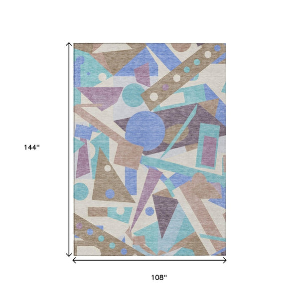 HomeRoots 5' Stylish Geometric Area Rug in Brown, Teal, Blue & Ivory – Washable for Indoor & Outdoor Use 9' X 12' 617954
