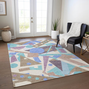 HomeRoots 5' Stylish Geometric Area Rug in Brown, Teal, Blue & Ivory – Washable for Indoor & Outdoor Use 9' X 12' 617954