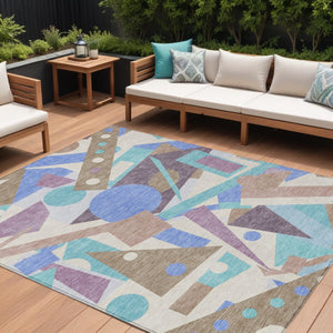 HomeRoots 5' Stylish Geometric Area Rug in Brown, Teal, Blue & Ivory – Washable for Indoor & Outdoor Use 10' X 14' 617955