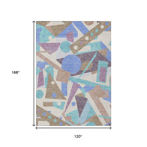 HomeRoots 5' Stylish Geometric Area Rug in Brown, Teal, Blue & Ivory – Washable for Indoor & Outdoor Use 10' X 14' 617955