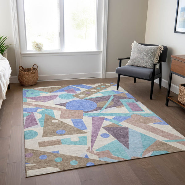 HomeRoots 5' Stylish Geometric Area Rug in Brown, Teal, Blue & Ivory – Washable for Indoor & Outdoor Use 10' X 14' 617955