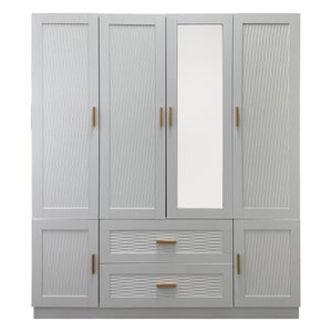 HomeRoots 75" Elegant White Ribbed Texture Wood Mirrored Six-Door Dresser with Drawers - Chic Storage Solution 617962