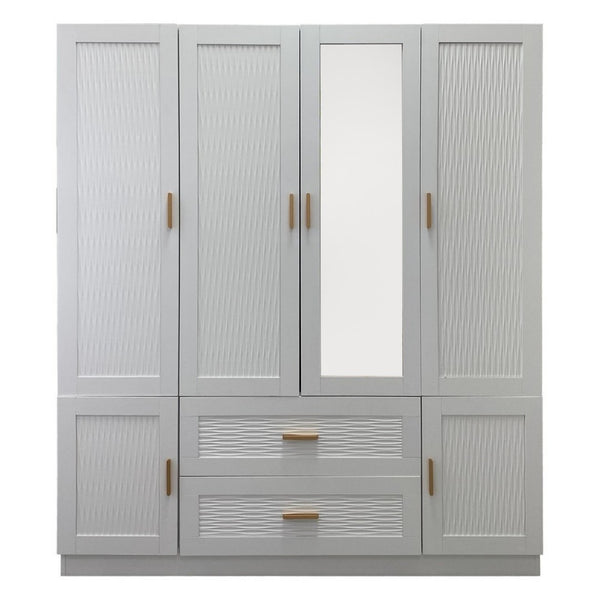 HomeRoots 75" Elegant White Ribbed Texture Wood Mirrored Six-Door Dresser with Drawers - Chic Storage Solution 617962