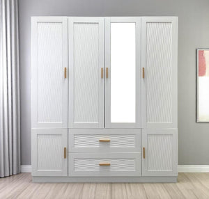 HomeRoots 75" Elegant White Ribbed Texture Wood Mirrored Six-Door Dresser with Drawers - Chic Storage Solution 617962