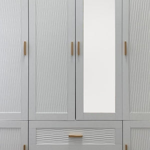 HomeRoots 75" Elegant White Ribbed Texture Wood Mirrored Six-Door Dresser with Drawers - Chic Storage Solution 617962