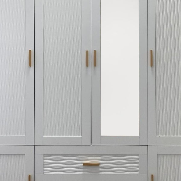 HomeRoots 75" Elegant White Ribbed Texture Wood Mirrored Six-Door Dresser with Drawers - Chic Storage Solution 617962