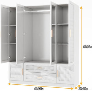 HomeRoots 75" Elegant White Ribbed Texture Wood Mirrored Six-Door Dresser with Drawers - Chic Storage Solution 617962