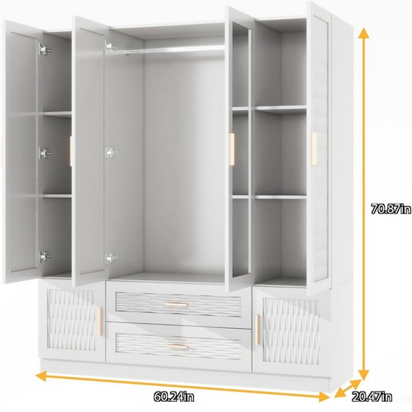 HomeRoots 75" Elegant White Ribbed Texture Wood Mirrored Six-Door Dresser with Drawers - Chic Storage Solution 617962