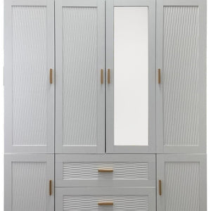HomeRoots 75" Elegant White Ribbed Texture Wood Mirrored Six-Door Dresser with Drawers - Chic Storage Solution 617962