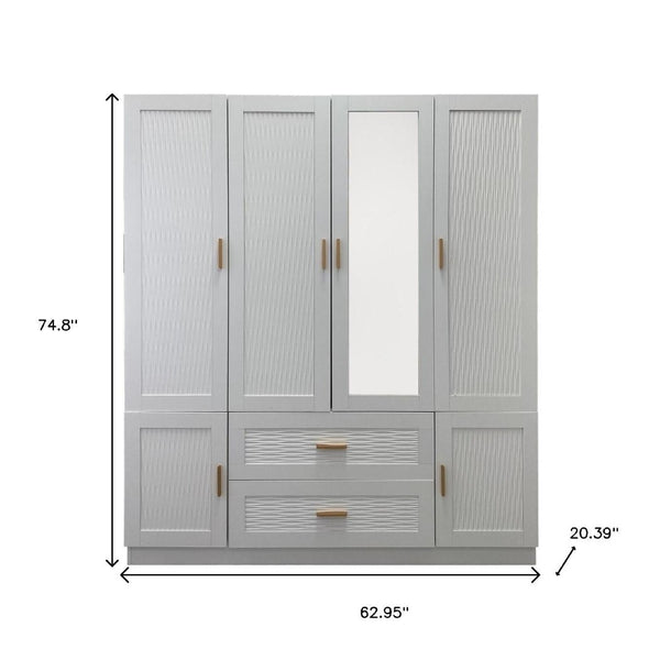 HomeRoots 75" Elegant White Ribbed Texture Wood Mirrored Six-Door Dresser with Drawers - Chic Storage Solution 617962