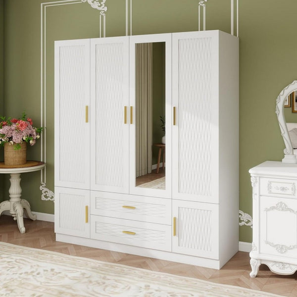 HomeRoots 75" Elegant White Ribbed Texture Wood Mirrored Six-Door Dresser with Drawers - Chic Storage Solution 617962