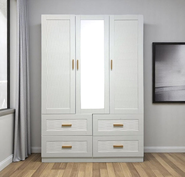 HomeRoots 75" Elegant White Ribbed Texture Wood Combo Dresser with Mirrored Doors & Gold Pulls for Storage 617963