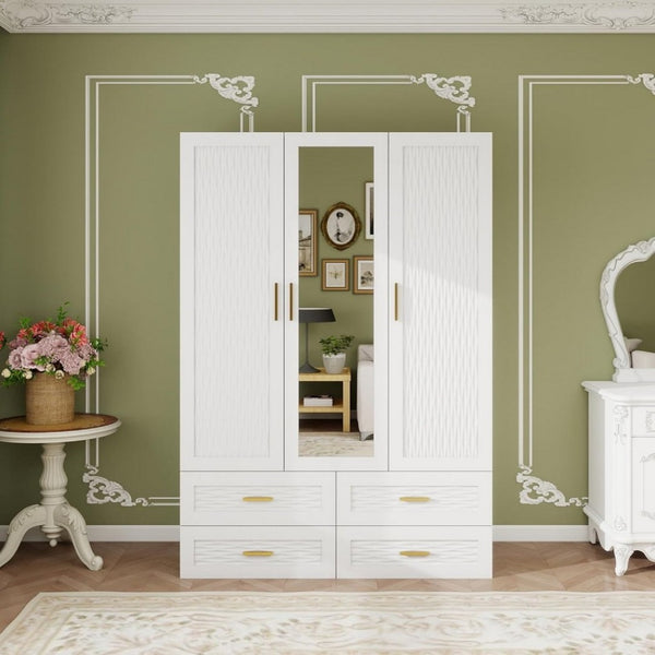 HomeRoots 75" Elegant White Ribbed Texture Wood Combo Dresser with Mirrored Doors & Gold Pulls for Storage 617963