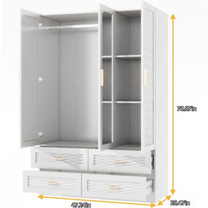 HomeRoots 75" Elegant White Ribbed Texture Wood Combo Dresser with Mirrored Doors & Gold Pulls for Storage 617963