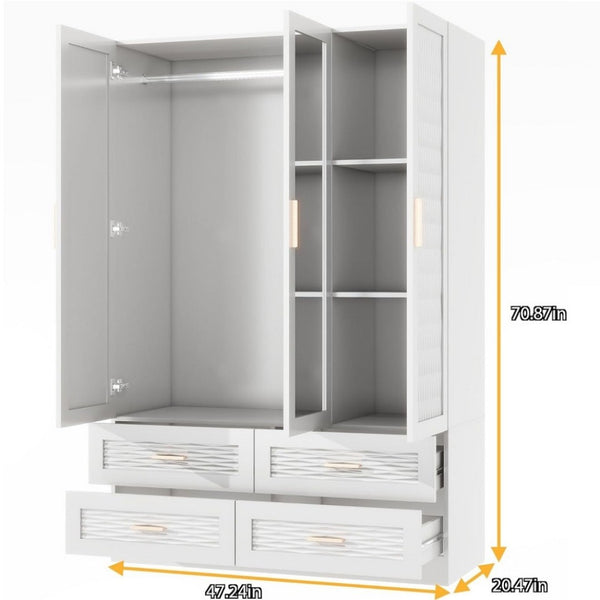 HomeRoots 75" Elegant White Ribbed Texture Wood Combo Dresser with Mirrored Doors & Gold Pulls for Storage 617963
